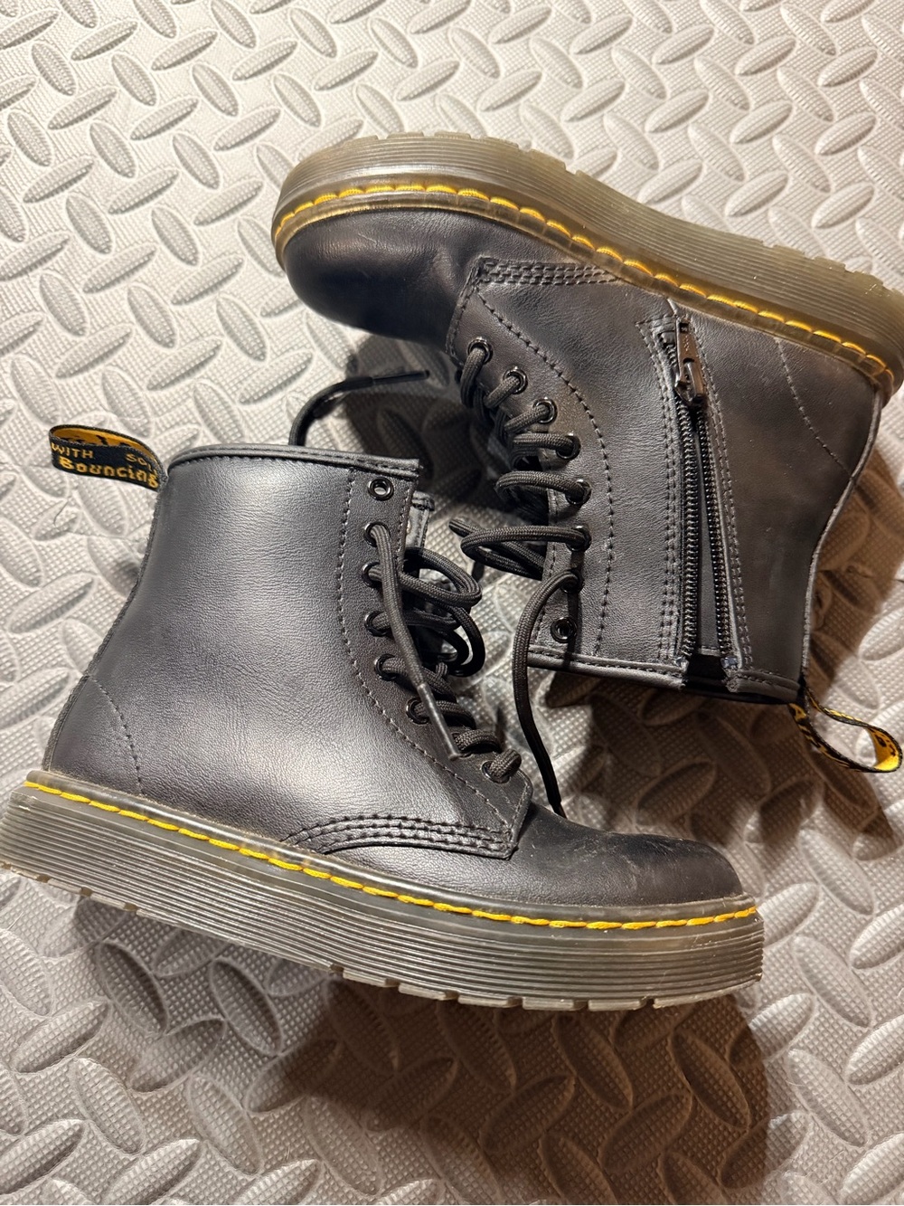 Dr. Martens Kids Black Lace-Up Boots with Yellow Stitching